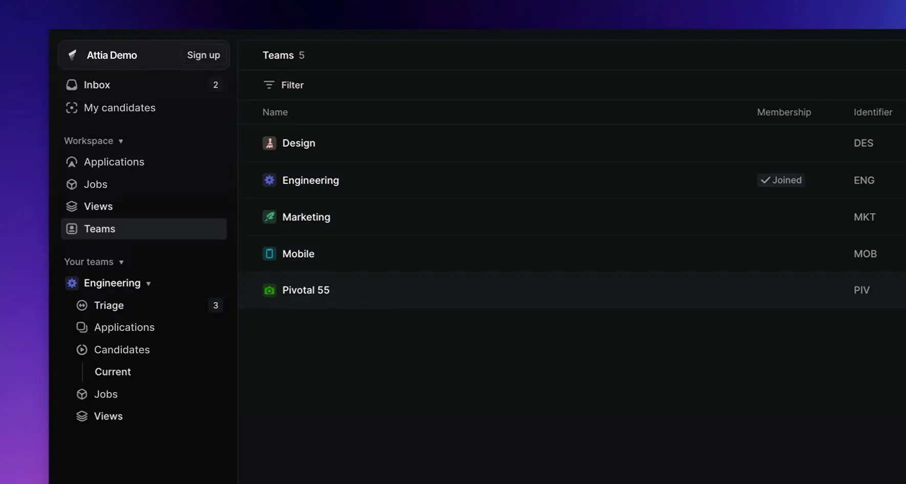 Teams page showing workspace teams